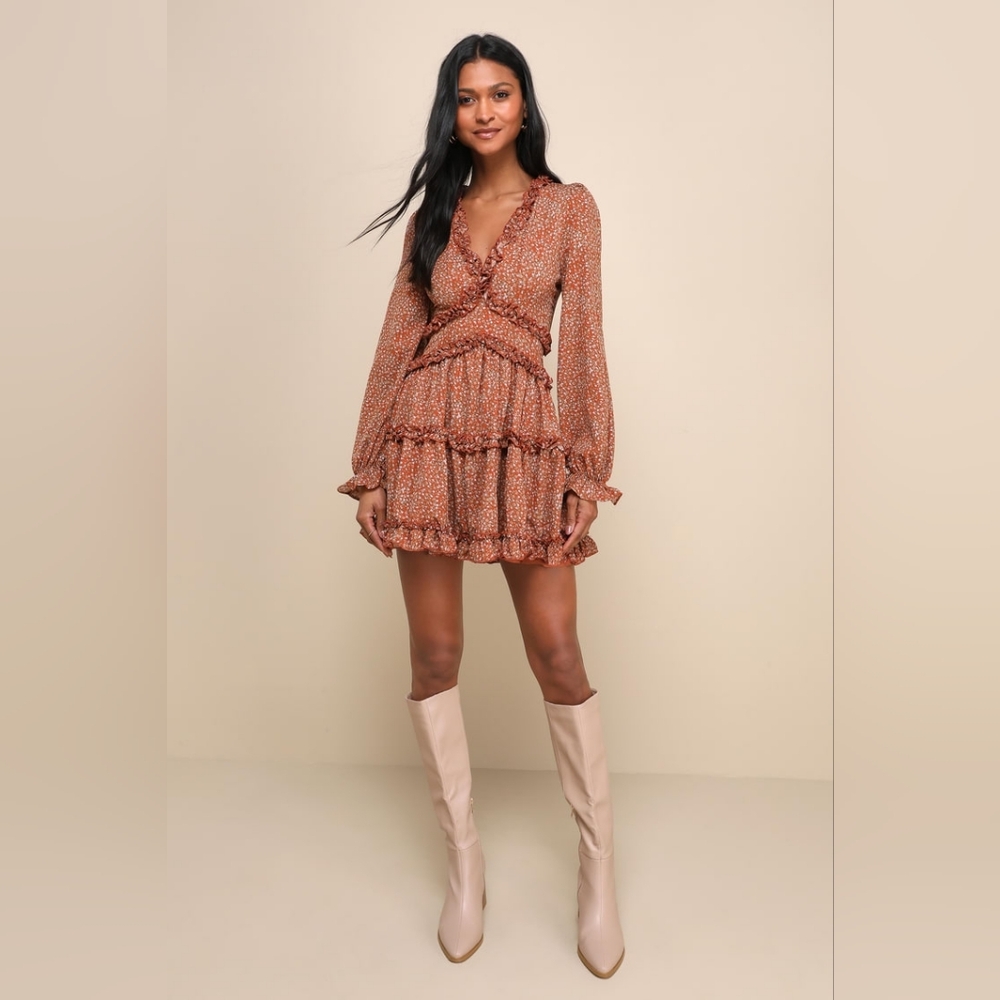 Lulus Admire You Orange Floral Print Ruffled Long Sleeve Mini Dress - Picture 2 of 12